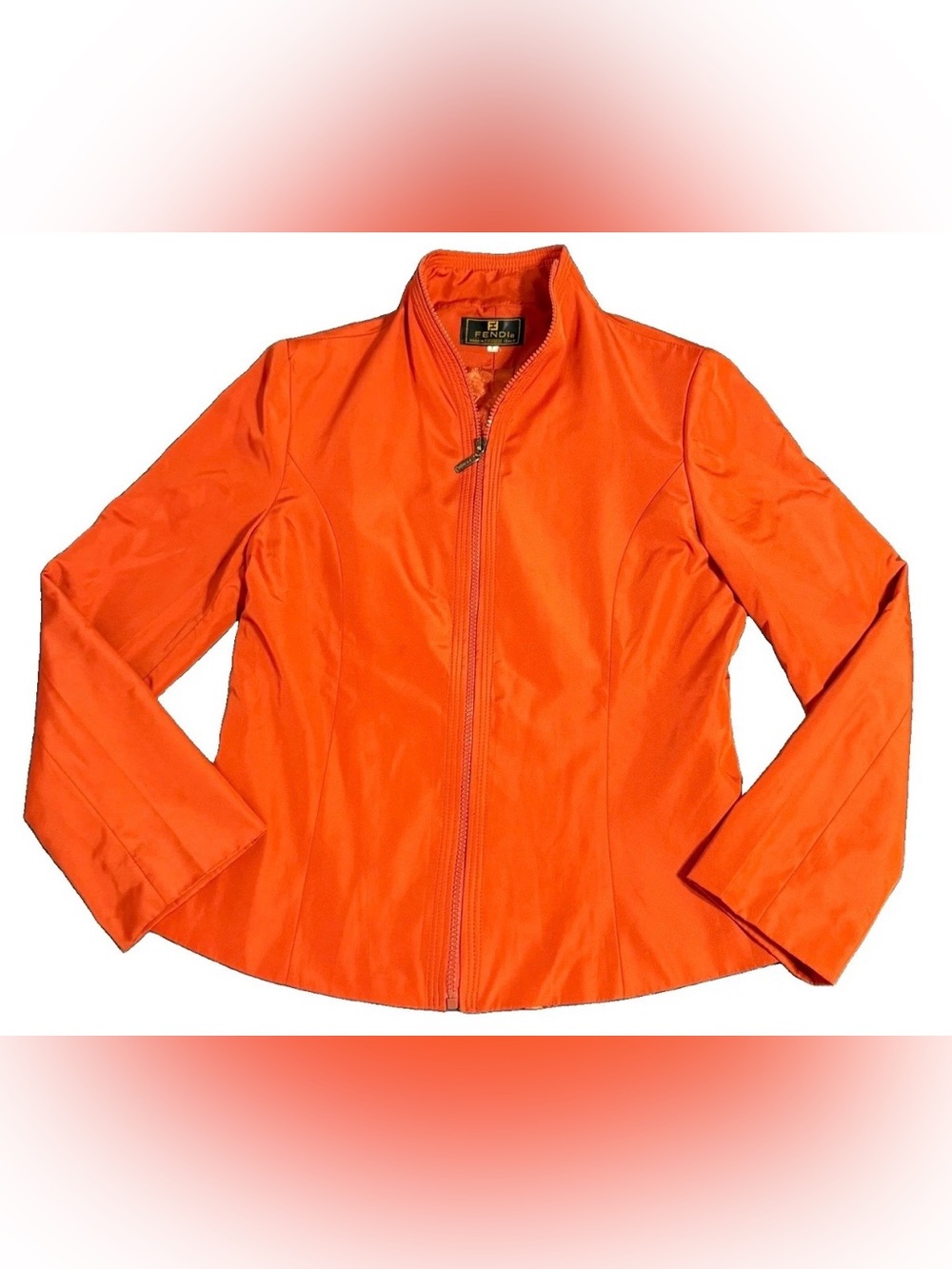 Vtg Fendi Maglia Jacket Womens Large Orange Full Zip Mock Neck Coat Made Italy